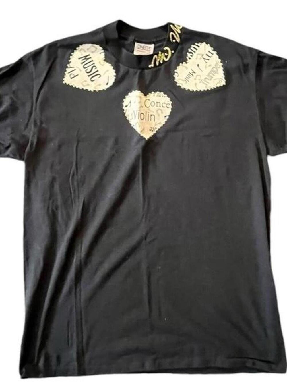 Oneita Vintage 90s Black Graphic Tee with Heart Patchwork Music Design, Cotton-4